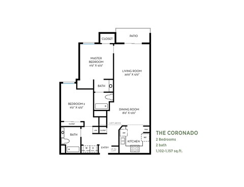 Floor plan for 2 beds, 2 baths